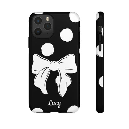 Personalized Black Polka Dot Bow Phone Case – Custom Name Coquette Retro Aesthetic