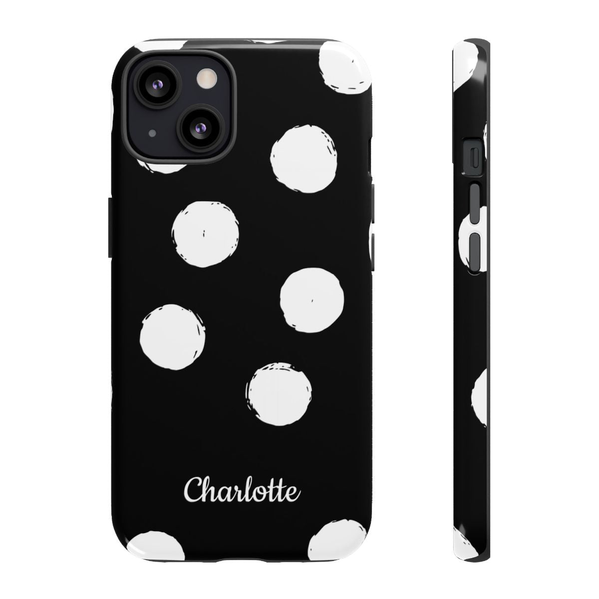 Personalized Black Polka Dot Phone Case – Custom Name Bold Monochrome Aesthetic