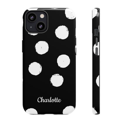 Personalized Black Polka Dot Phone Case – Custom Name Bold Monochrome Aesthetic