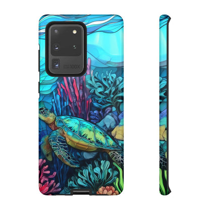 Stained Glass Turtle Phone Case – Coastal Blue Ocean Mosaic Aesthetic