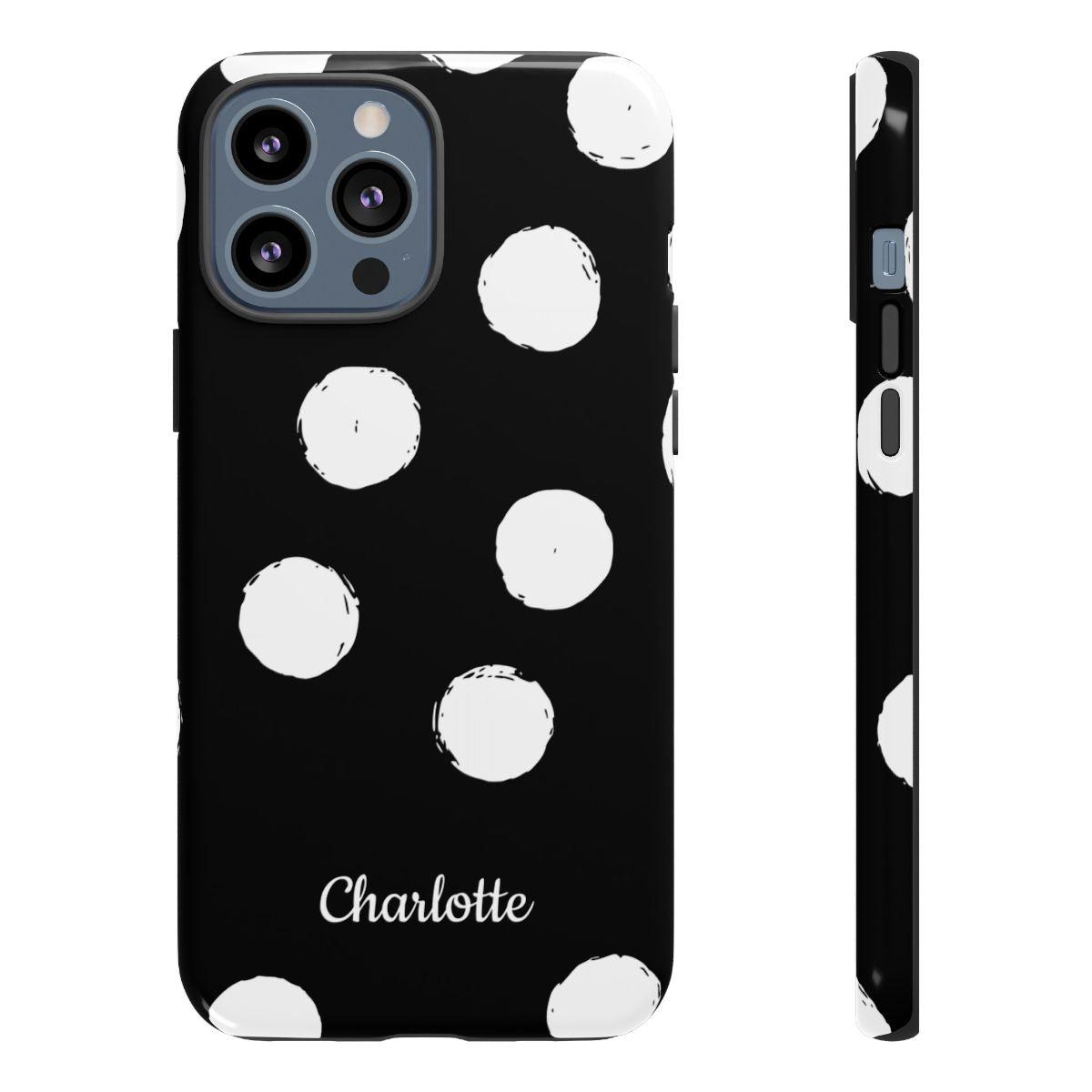 Personalized Black Polka Dot Phone Case – Custom Name Bold Monochrome Aesthetic
