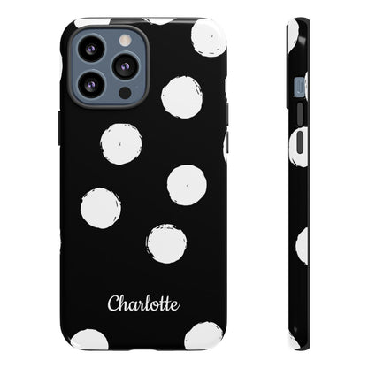 Personalized Black Polka Dot Phone Case – Custom Name Bold Monochrome Aesthetic