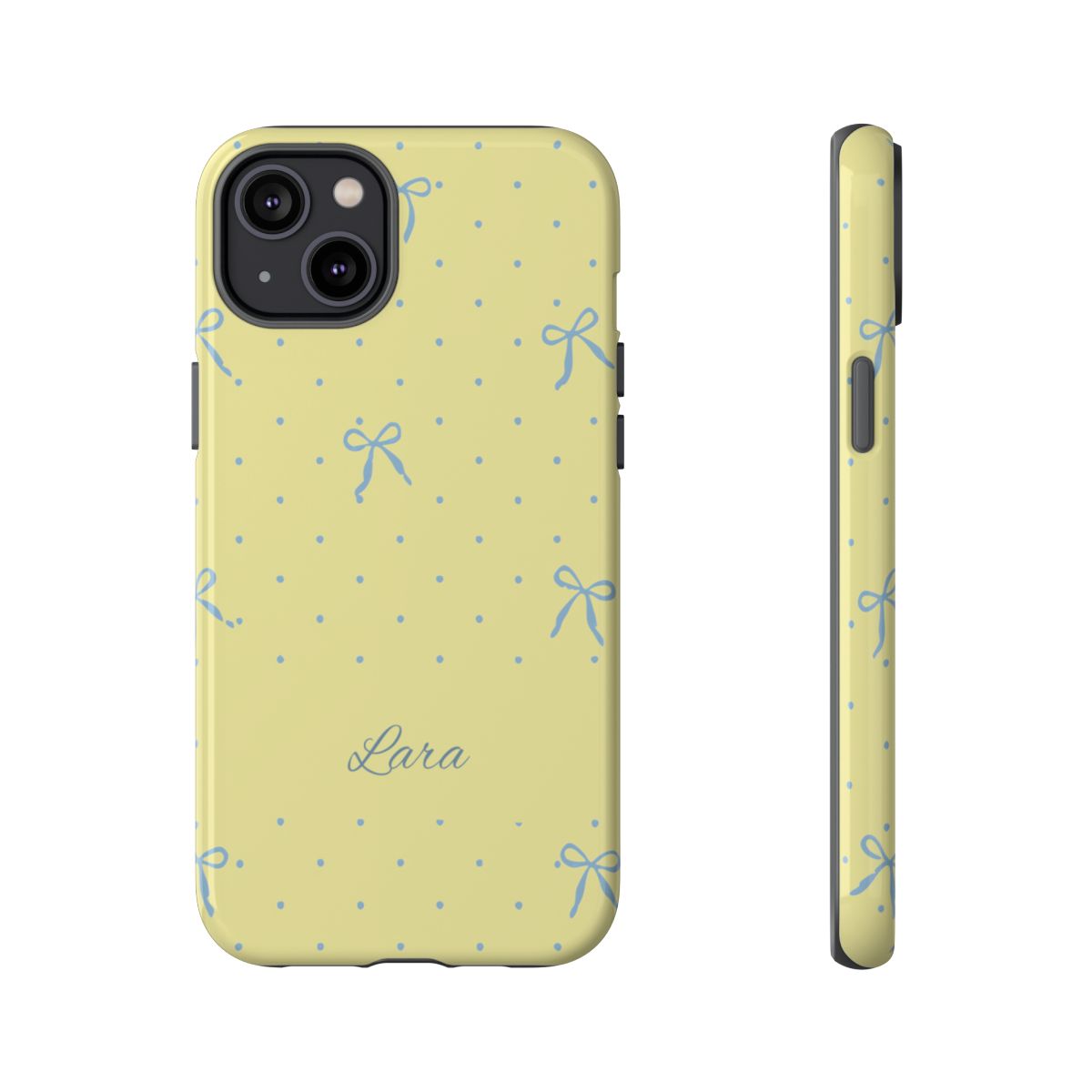 Personalized Yellow Bow Phone Case – Custom Name Blue Polka Dot Aesthetic