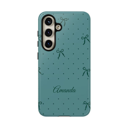 Personalized Teal Bow Phone Case – Custom Name Coquette Polka Dot Aesthetic
