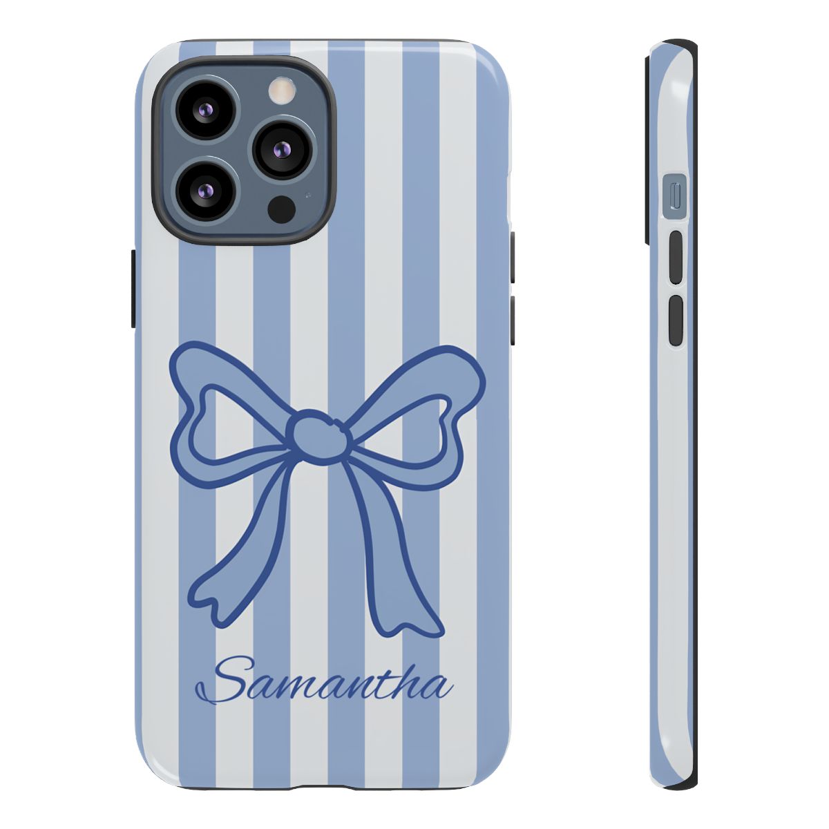 Personalized Coquette Bow Phone Case – Blue Striped Preppy Ribbon Aesthetic