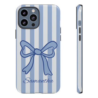 Personalized Coquette Bow Phone Case – Blue Striped Preppy Ribbon Aesthetic