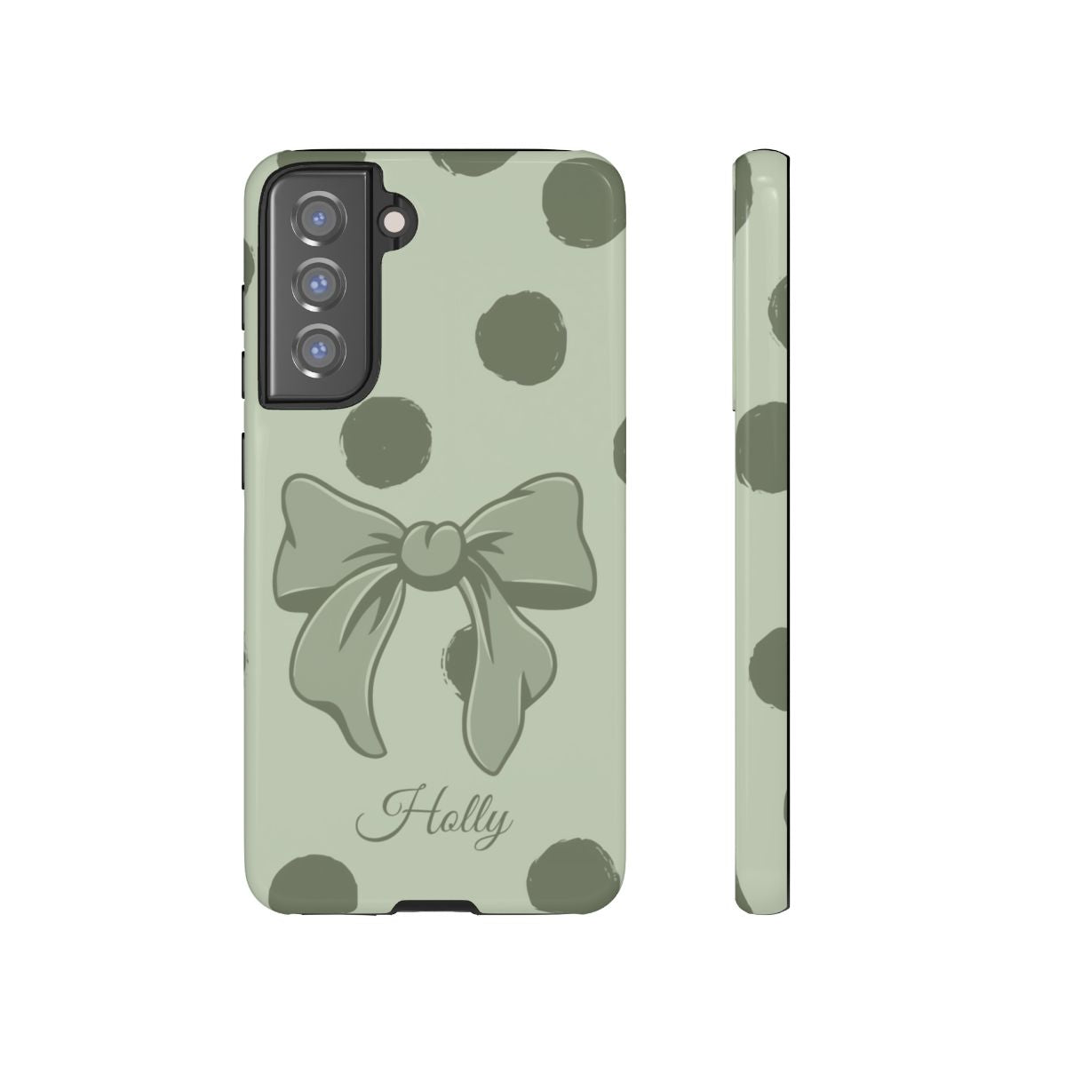Personalized Sage Green Polka Dot Bow Phone Case – Custom Name Coquette Aesthetic