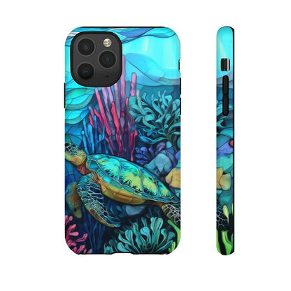 Stained Glass Turtle Phone Case – Coastal Blue Ocean Mosaic Aesthetic