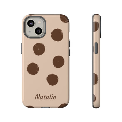 Personalized Brown Polka Dot Phone Case – Custom Name Neutral Boho Aesthetic
