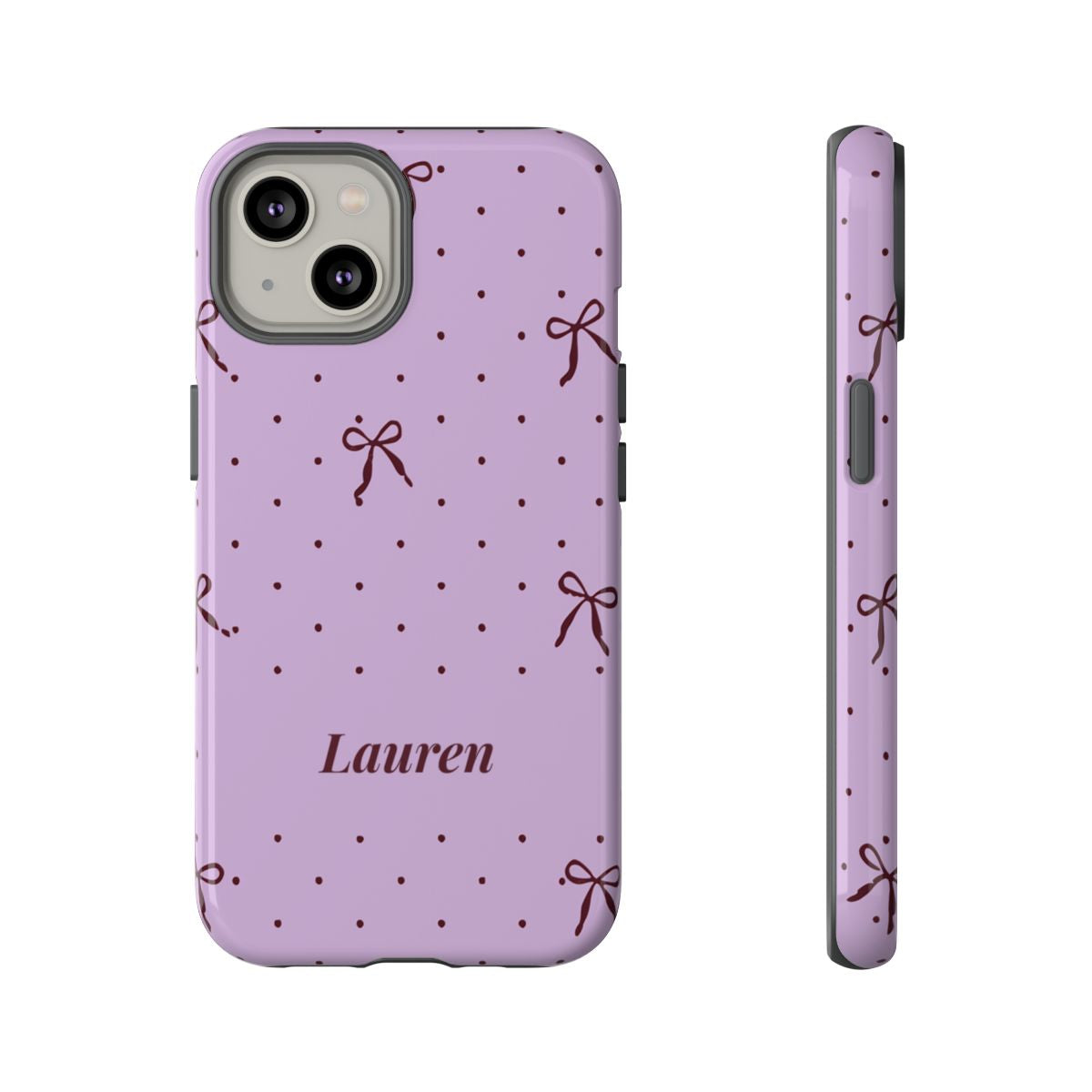 Personalized Lavender Bow Phone Case – Custom Name Polka Dot Coquette Aesthetic