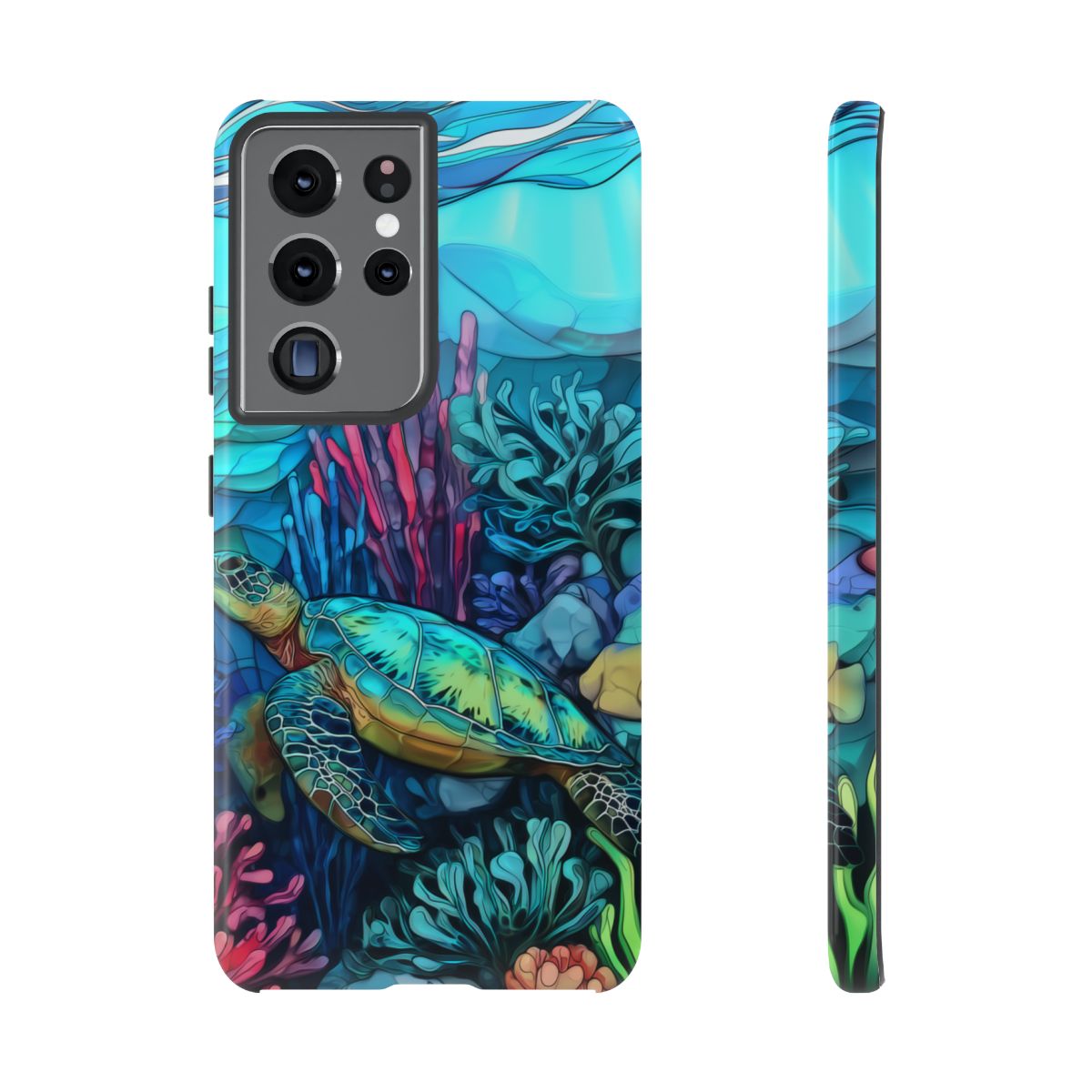 Stained Glass Turtle Phone Case – Coastal Blue Ocean Mosaic Aesthetic