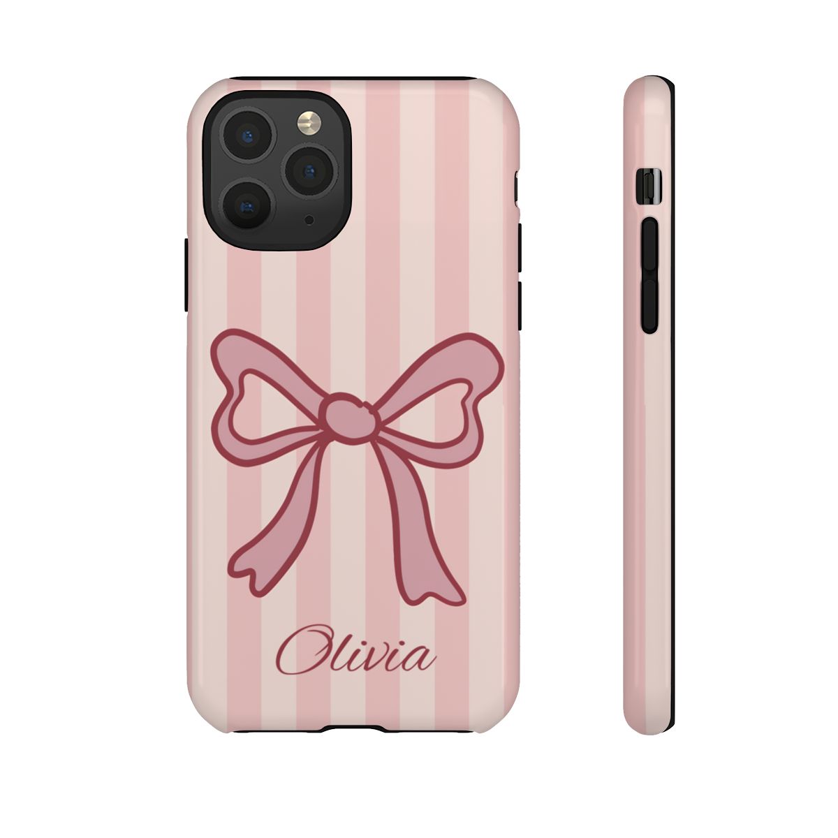 Personalized Pink Bow Phone Case – Soft Pastel Striped Coquette Aesthetic