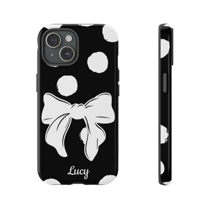 Personalized Black Polka Dot Bow Phone Case – Custom Name Coquette Retro Aesthetic