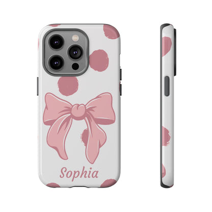 Personalized Pink Polka Dot Bow Phone Case – Custom Name Coquette Aesthetic