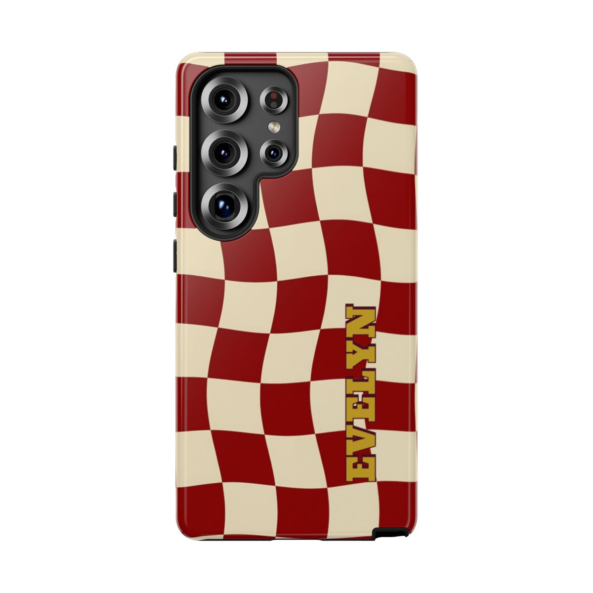 Personalized Burgundy Checkered Phone Case – Custom Name Wavy Retro Aesthetic