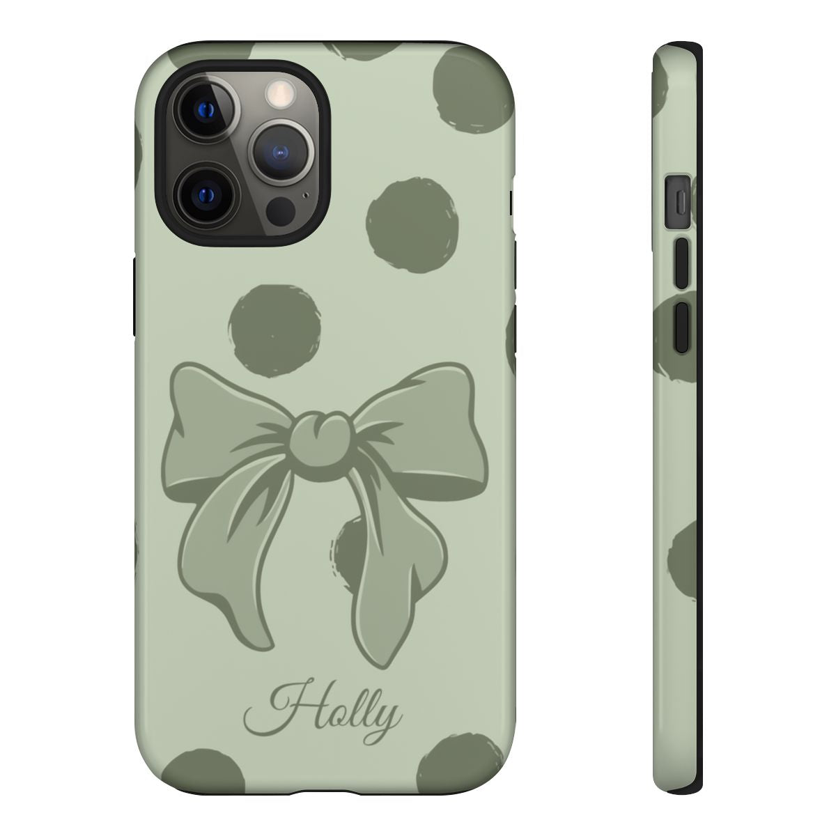 Personalized Sage Green Polka Dot Bow Phone Case – Custom Name Coquette Aesthetic