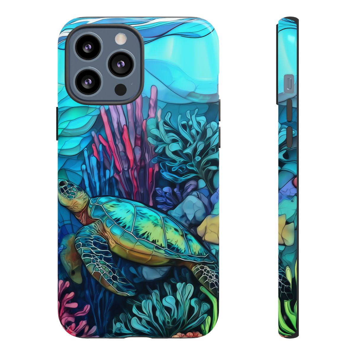 Stained Glass Turtle Phone Case – Coastal Blue Ocean Mosaic Aesthetic