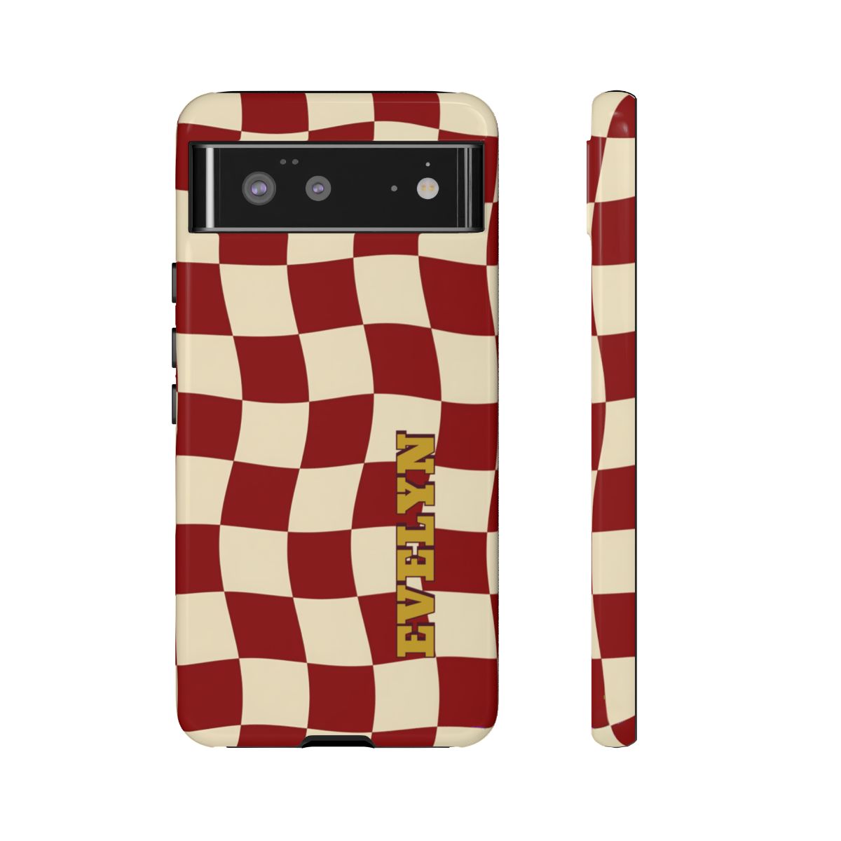 Personalized Burgundy Checkered Phone Case – Custom Name Wavy Retro Aesthetic