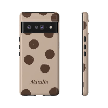 Personalized Brown Polka Dot Phone Case – Custom Name Neutral Boho Aesthetic