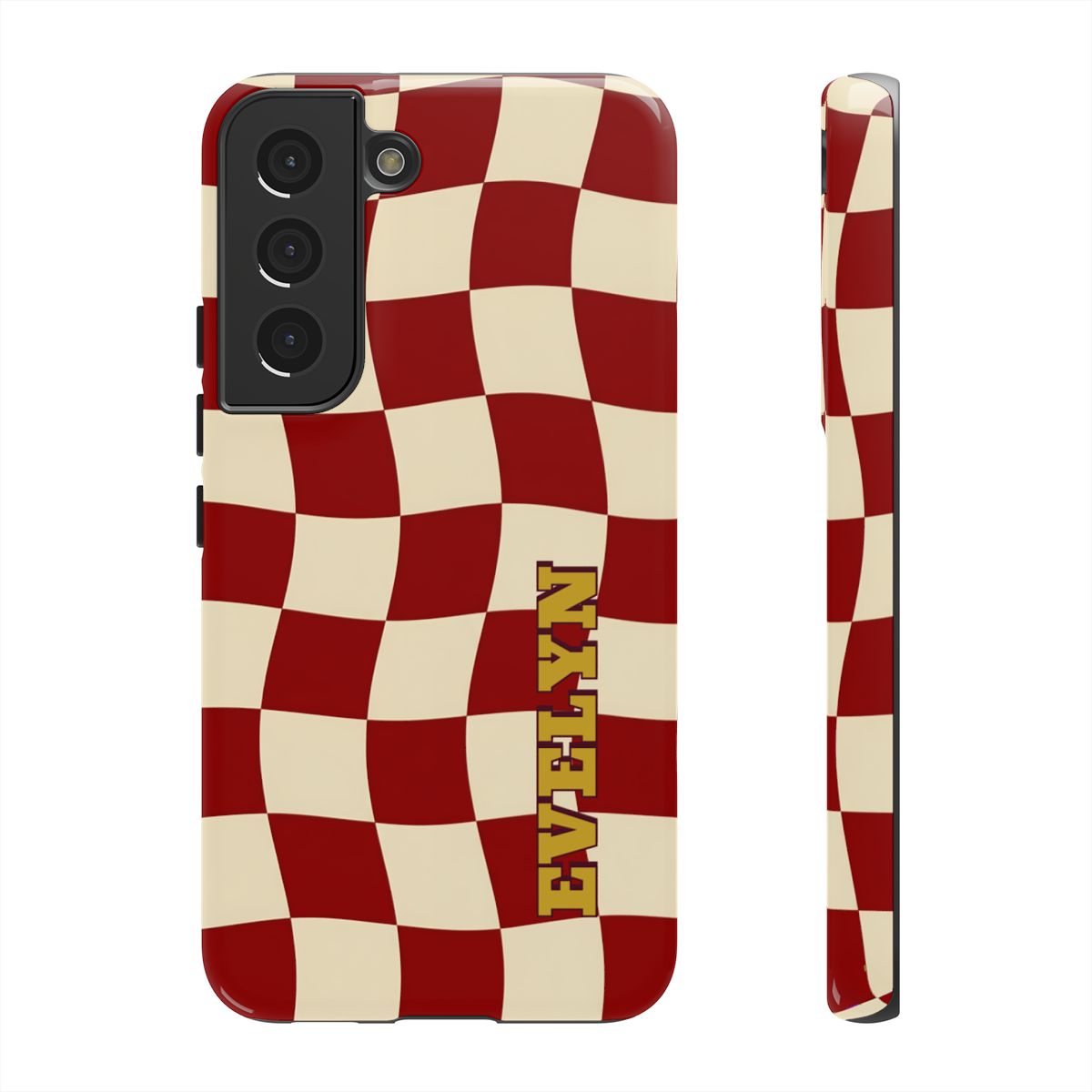 Personalized Burgundy Checkered Phone Case – Custom Name Wavy Retro Aesthetic