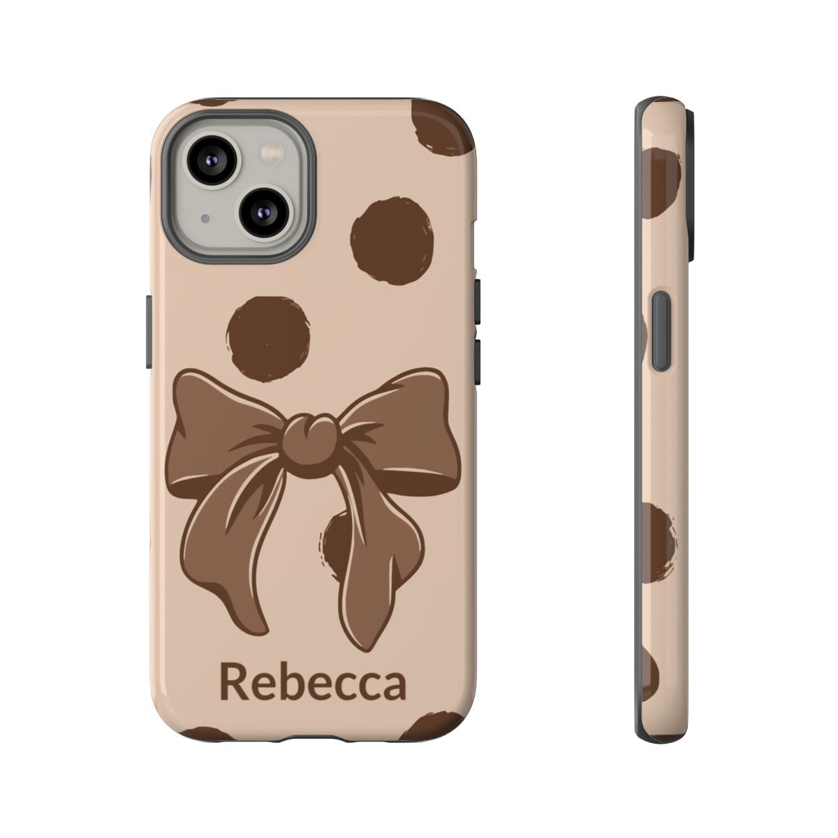 Personalized Brown Polka Dot Bow Phone Case – Custom Name Coquette Retro Aesthetic