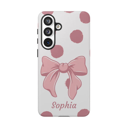 Personalized Pink Polka Dot Bow Phone Case – Custom Name Coquette Aesthetic