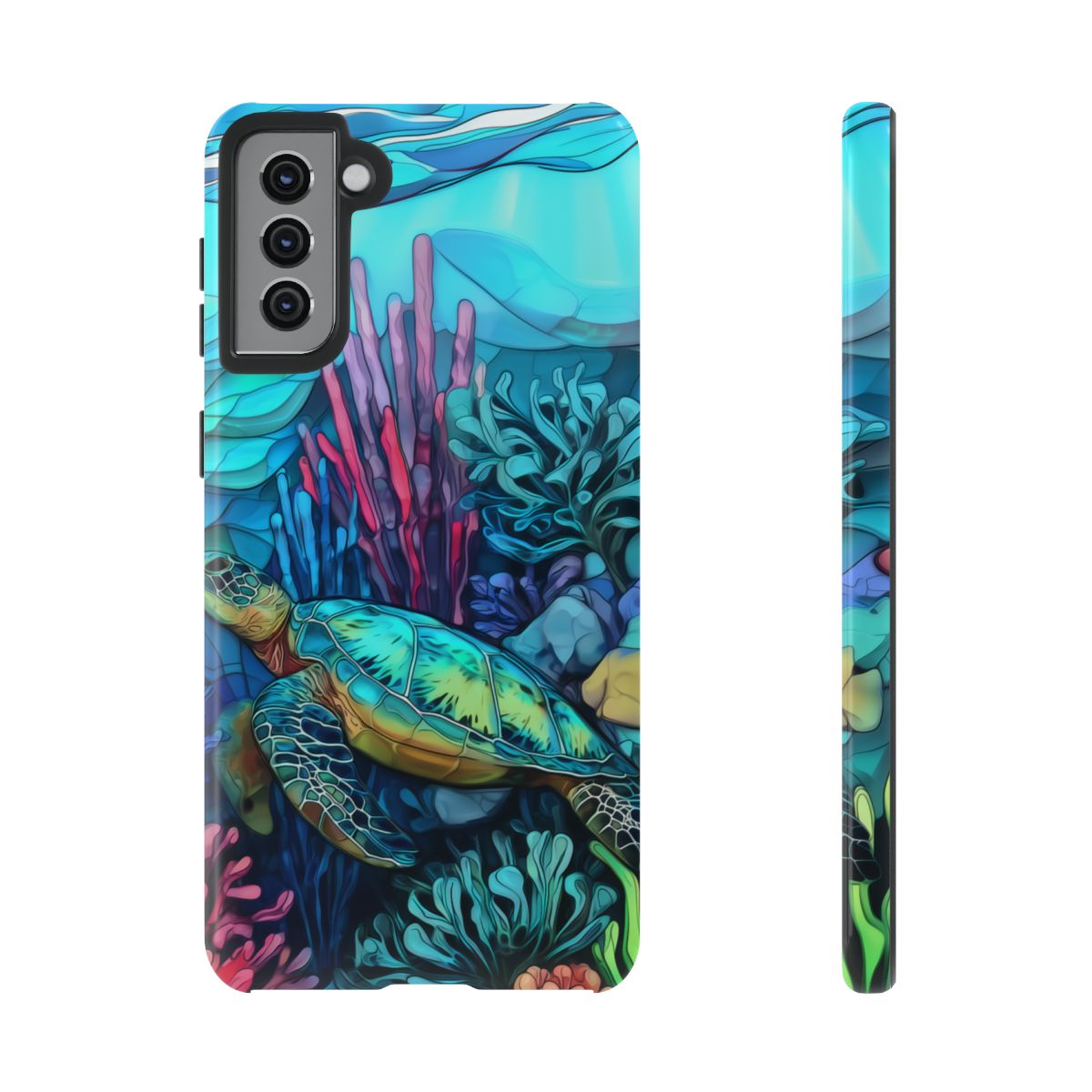 Stained Glass Turtle Phone Case – Coastal Blue Ocean Mosaic Aesthetic
