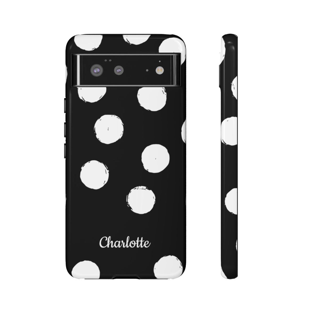 A black phone case with a white hand-drawn polka dot pattern, featuring the name 'Charlotte' printed in white script near the bottom. Shown in a back view and a side profile view against a plain white background.