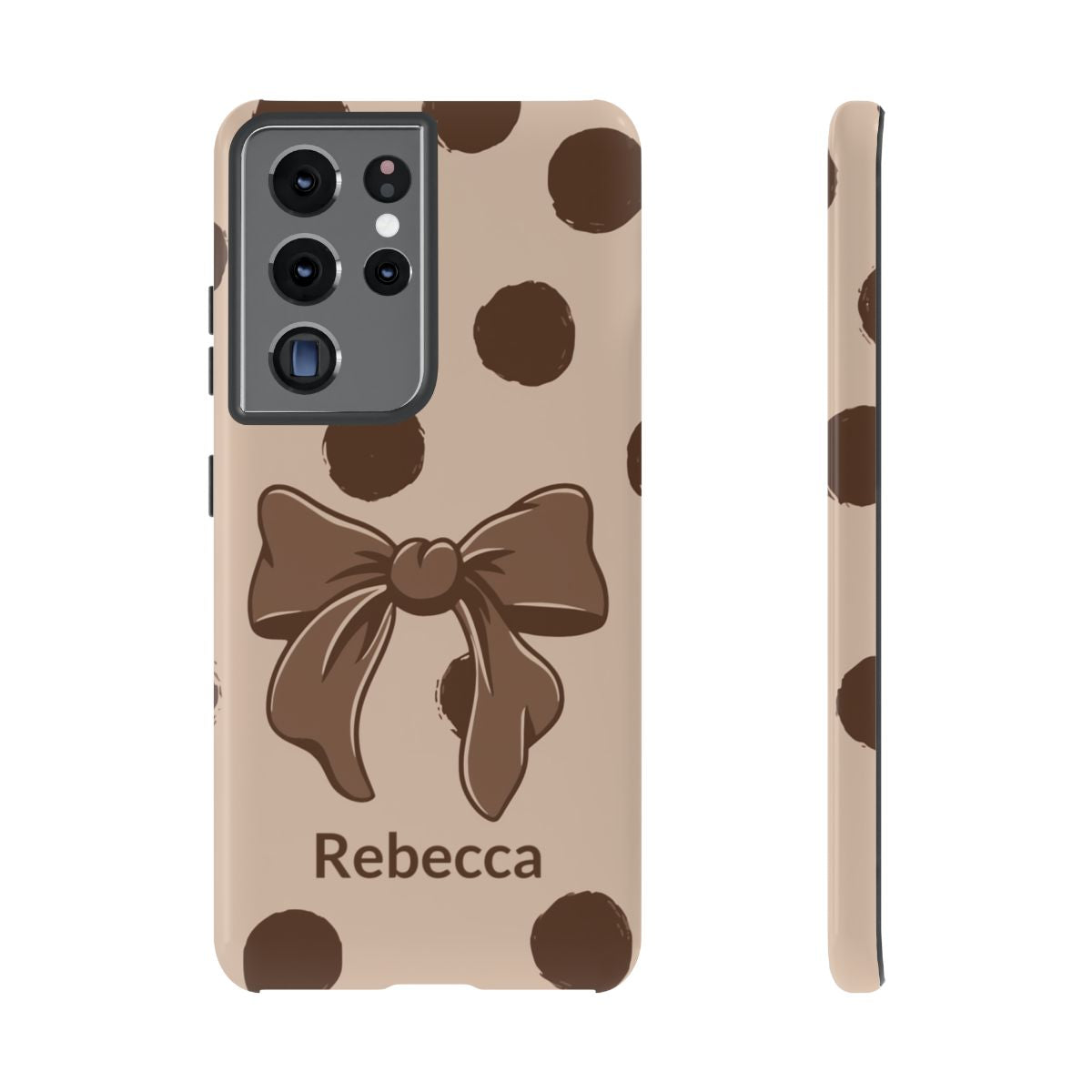 Personalized Brown Polka Dot Bow Phone Case – Custom Name Coquette Retro Aesthetic