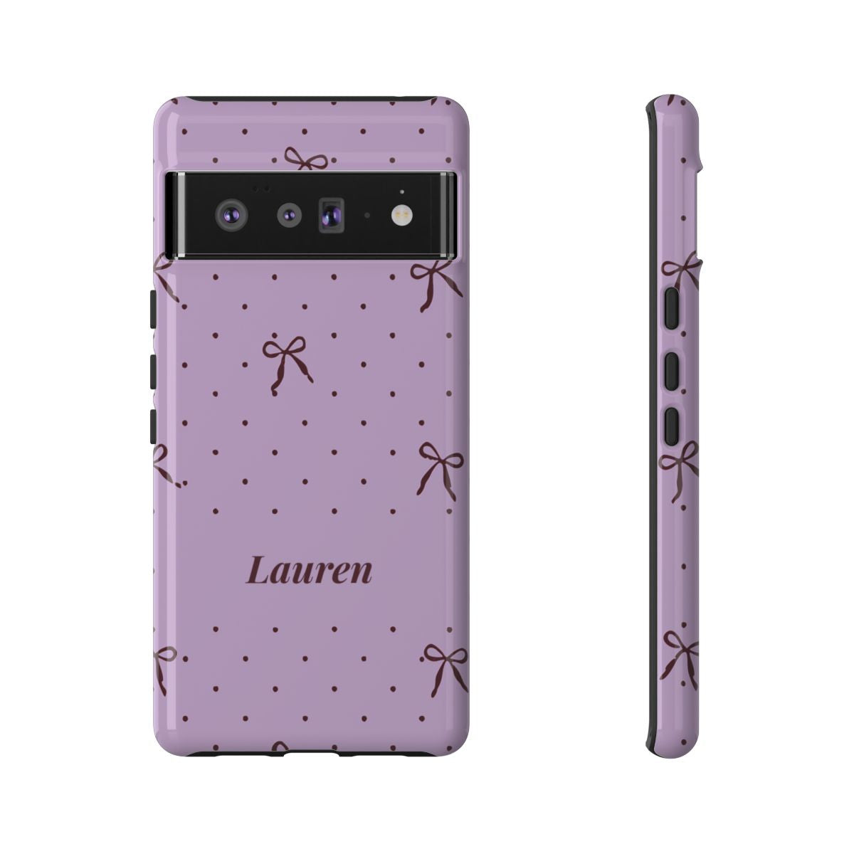 Personalized Lavender Bow Phone Case – Custom Name Polka Dot Coquette Aesthetic