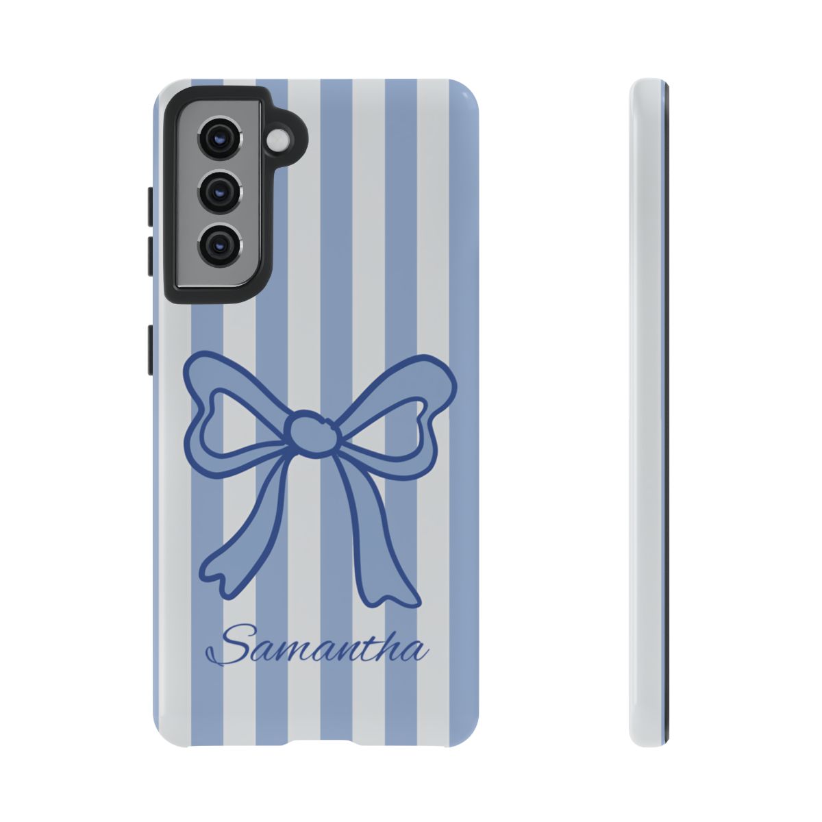 Personalized Coquette Bow Phone Case – Blue Striped Preppy Ribbon Aesthetic