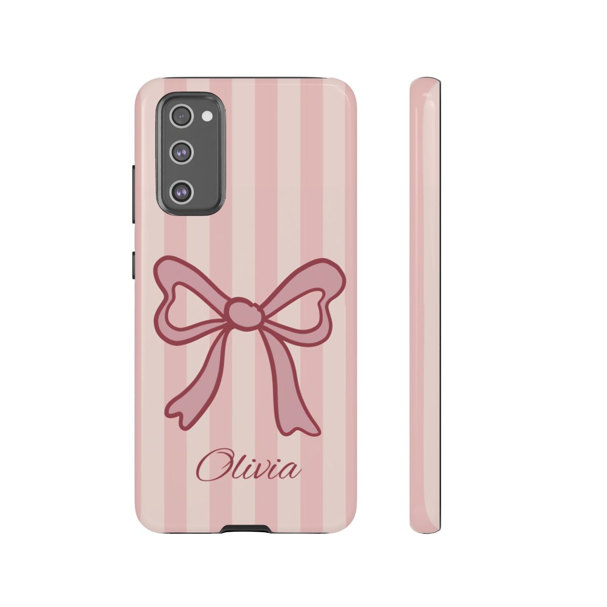 Personalized Pink Bow Phone Case – Soft Pastel Striped Coquette Aesthetic