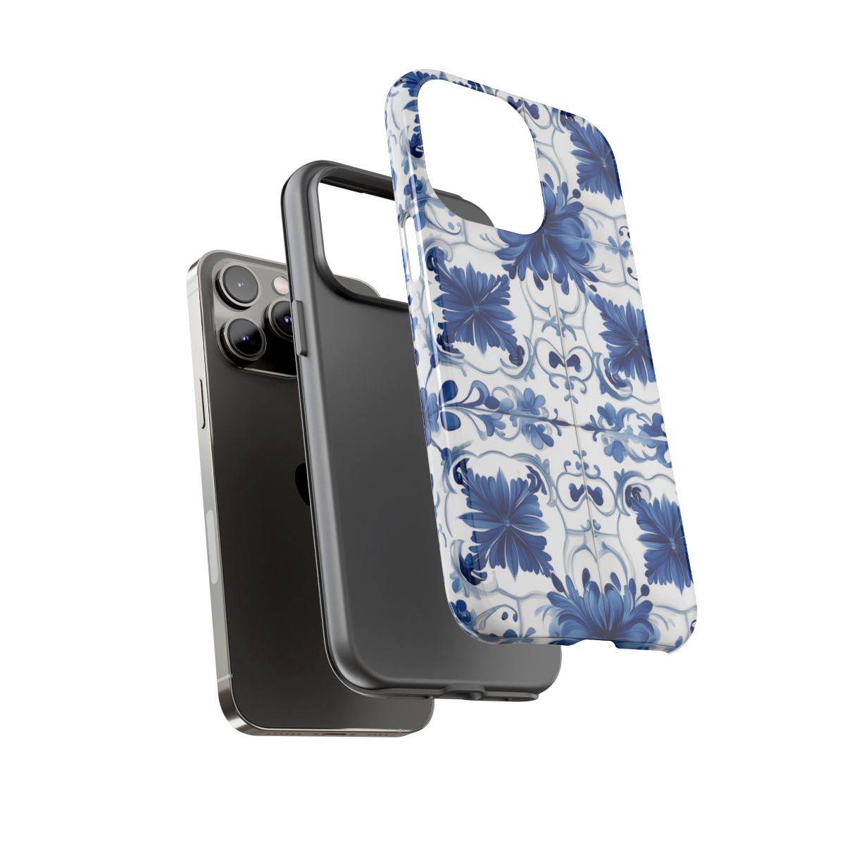 Aesthetic blue and white mosaic tile phone case inspired by vintage European pottery and majolica.