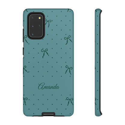 Personalized Teal Bow Phone Case – Custom Name Coquette Polka Dot Aesthetic