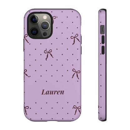 Personalized Lavender Bow Phone Case – Custom Name Polka Dot Coquette Aesthetic