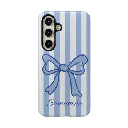 Personalized Coquette Bow Phone Case – Blue Striped Preppy Ribbon Aesthetic