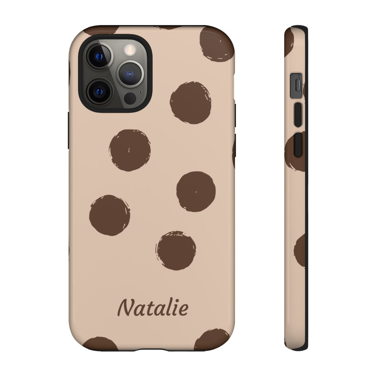 Personalized Brown Polka Dot Phone Case – Custom Name Neutral Boho Aesthetic