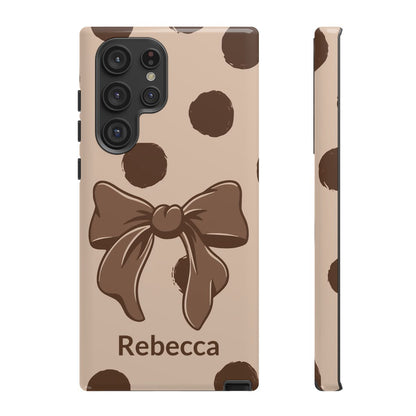 Personalized Brown Polka Dot Bow Phone Case – Custom Name Coquette Retro Aesthetic