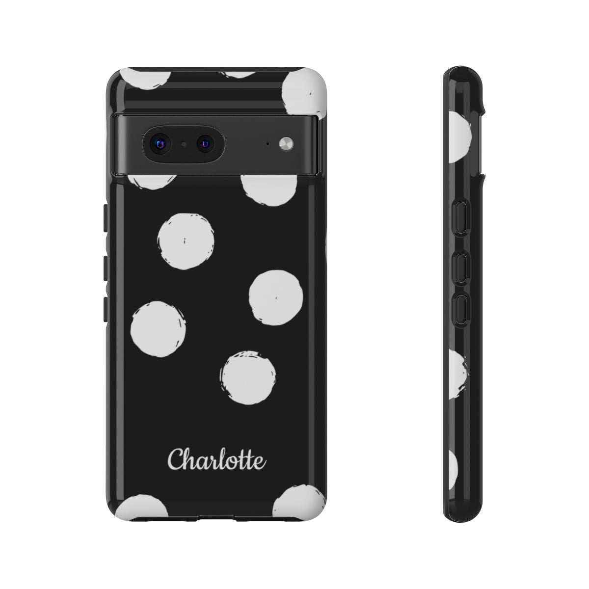 Personalized Black Polka Dot Phone Case – Custom Name Bold Monochrome Aesthetic