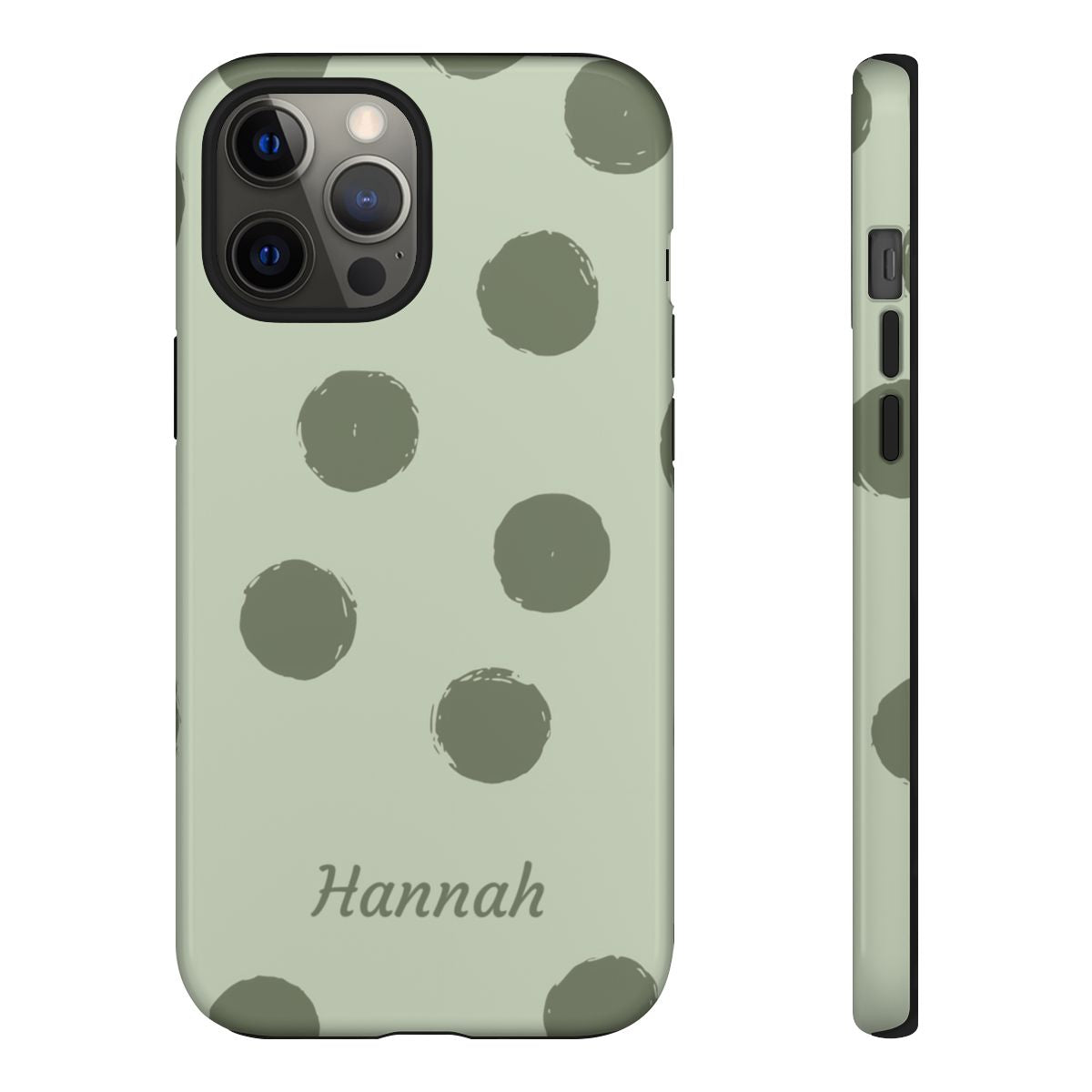 Personalized Sage Green Polka Dot Phone Case – Custom Name Matcha Aesthetic