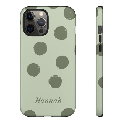 Personalized Sage Green Polka Dot Phone Case – Custom Name Matcha Aesthetic