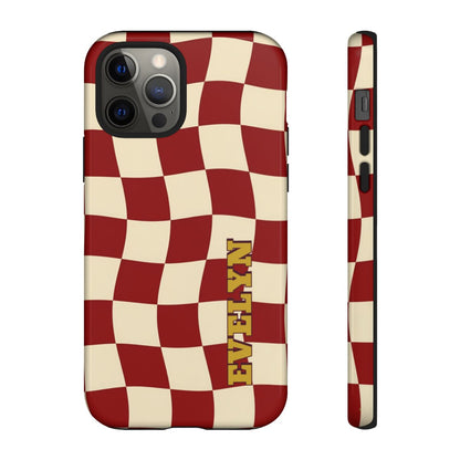 Personalized Burgundy Checkered Phone Case – Custom Name Wavy Retro Aesthetic