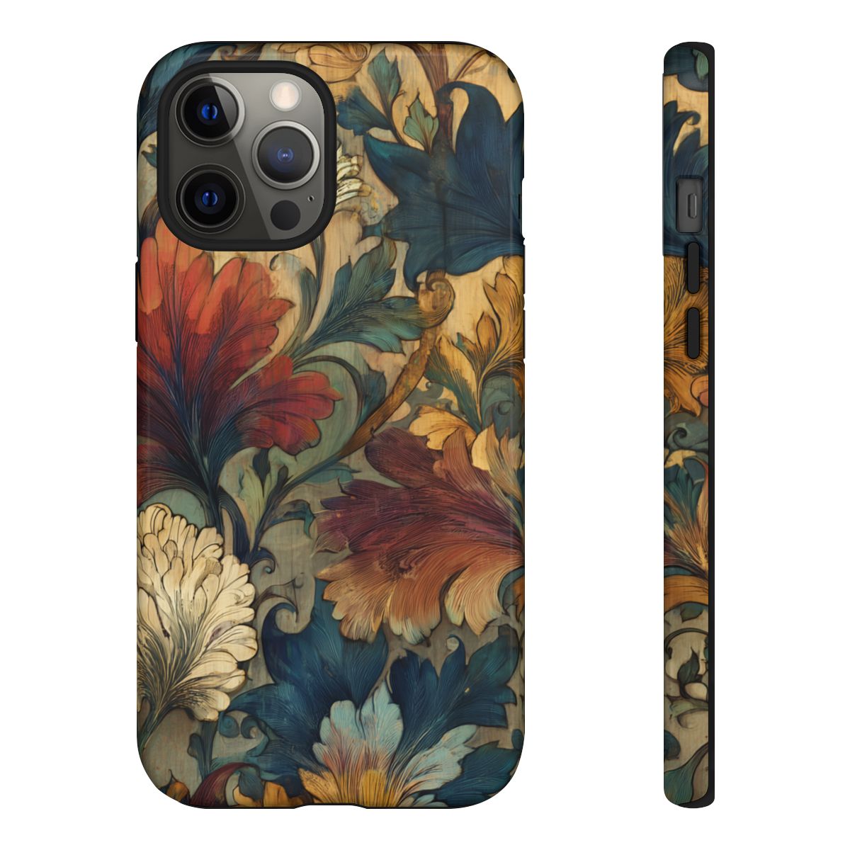 Ornate antique floral phone cover featuring deep teal, gold, and burgundy botanical illustrations.