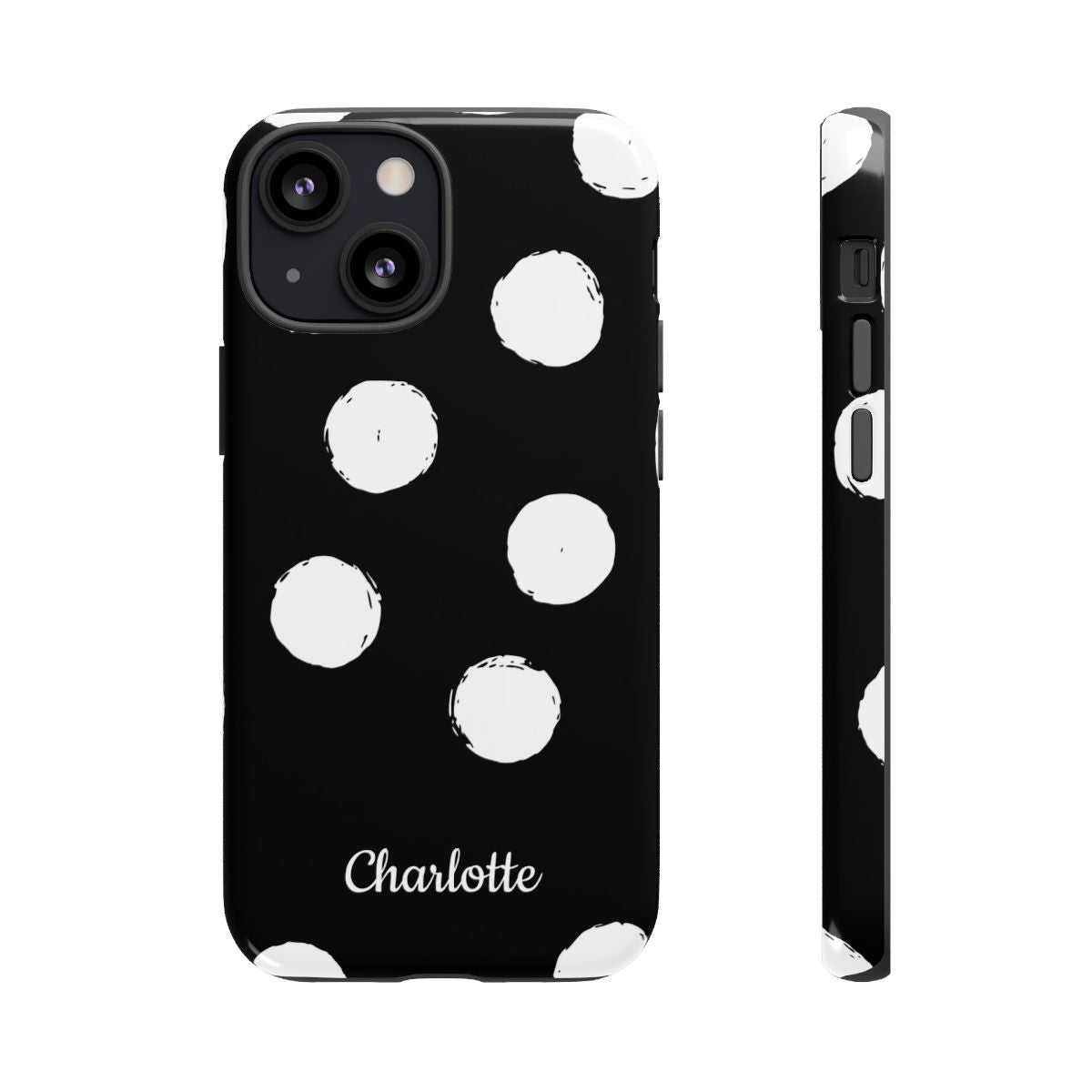 Personalized Black Polka Dot Phone Case – Custom Name Bold Monochrome Aesthetic