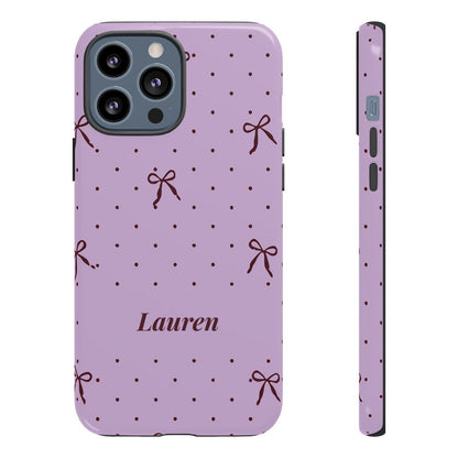 Personalized Lavender Bow Phone Case – Custom Name Polka Dot Coquette Aesthetic