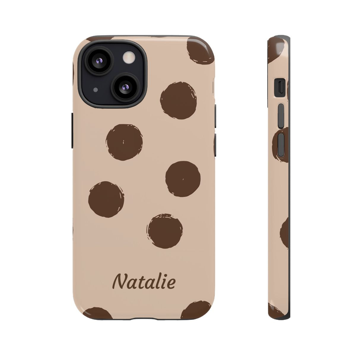 Personalized Brown Polka Dot Phone Case – Custom Name Neutral Boho Aesthetic