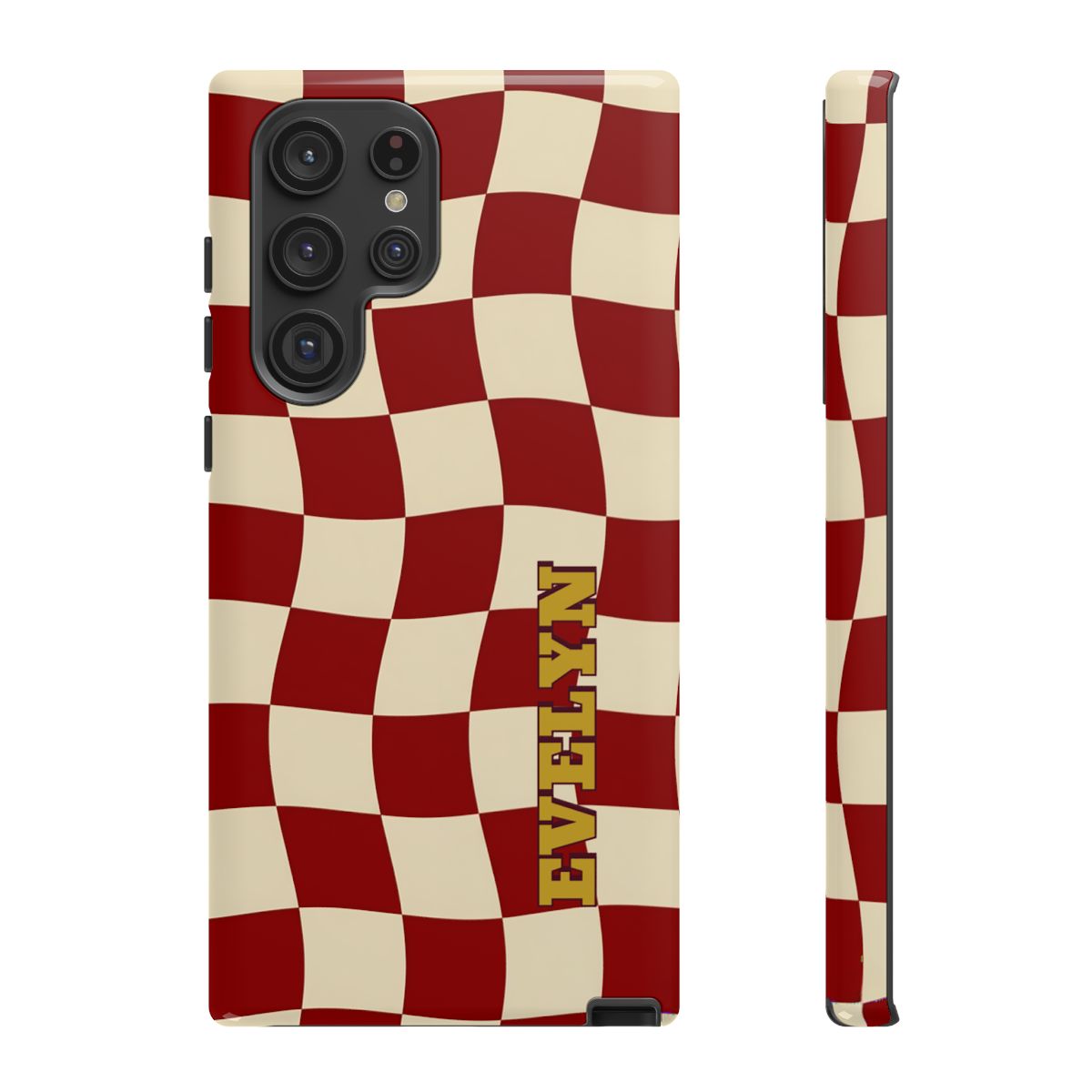 Personalized Burgundy Checkered Phone Case – Custom Name Wavy Retro Aesthetic