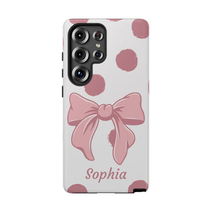 Personalized Pink Polka Dot Bow Phone Case – Custom Name Coquette Aesthetic