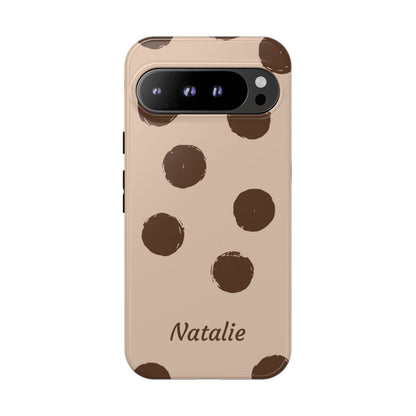 Personalized Brown Polka Dot Phone Case – Custom Name Neutral Boho Aesthetic