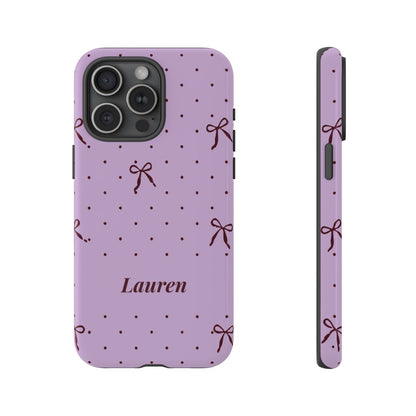 Personalized Lavender Bow Phone Case – Custom Name Polka Dot Coquette Aesthetic